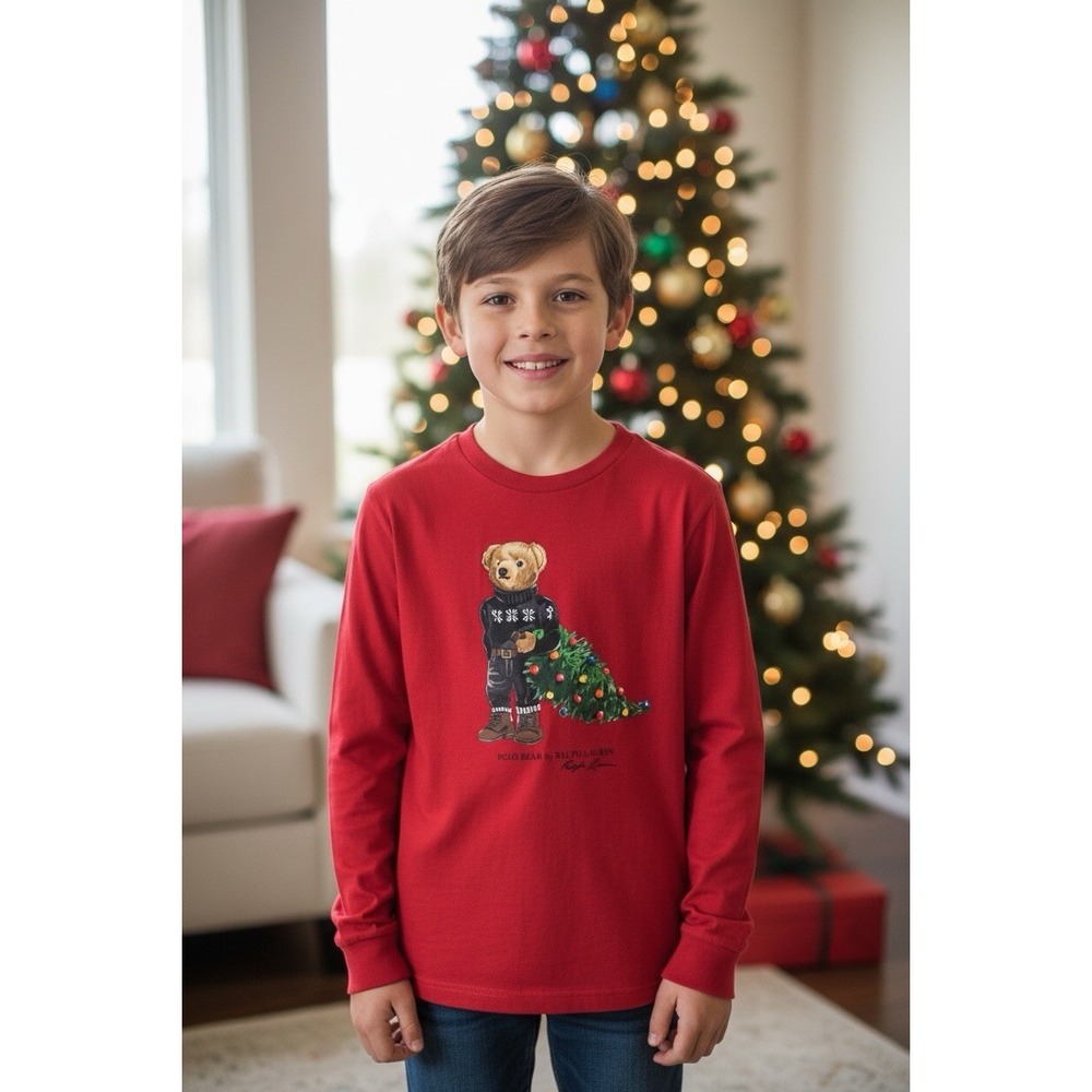Polo Ralph Lauren Shirt Boys L 14-16 Red Polo Bear Christmas Graphic Long Sleeve
